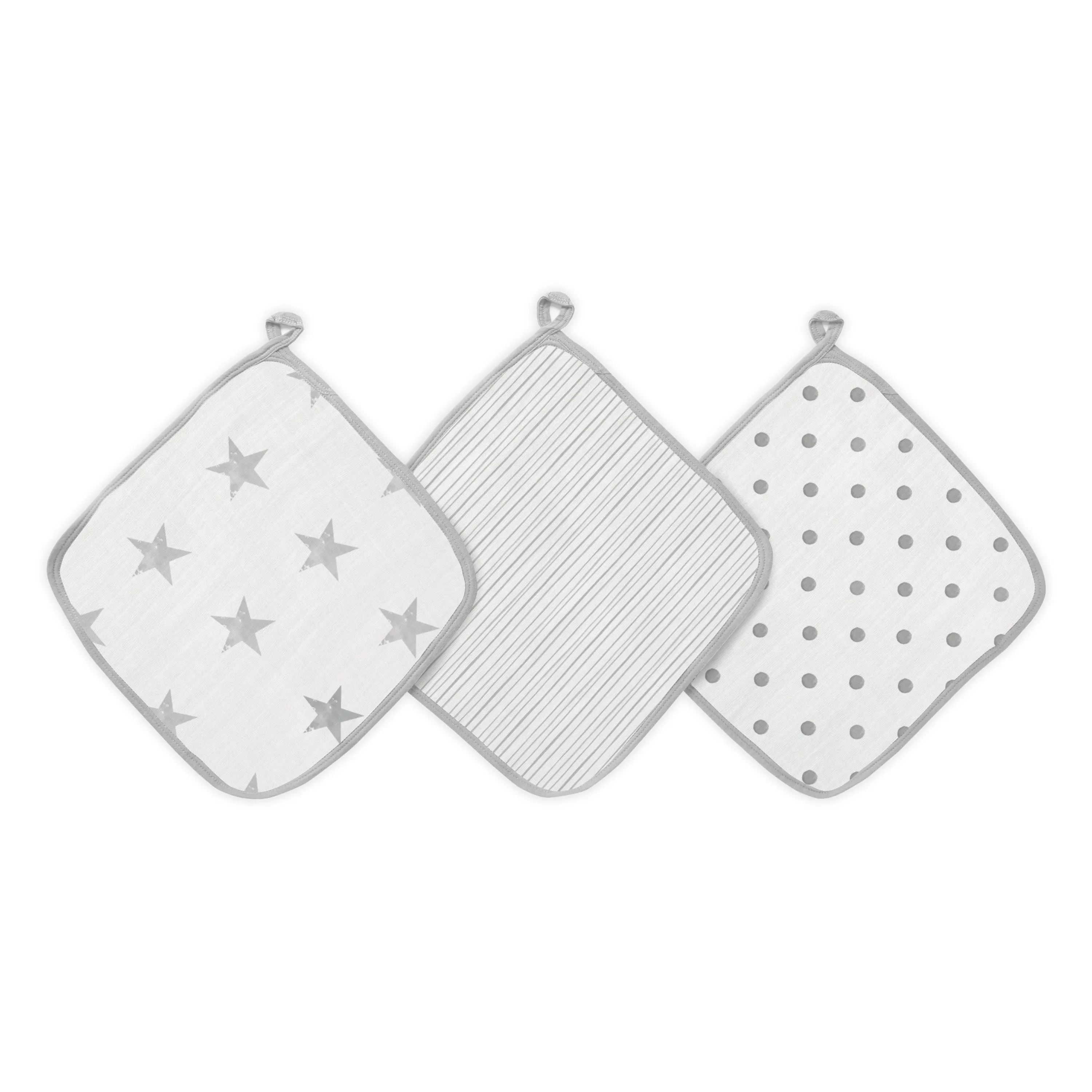 aden   anais Essential Cotton Muslin Washcloths 3 pack Dusty Gray Stars