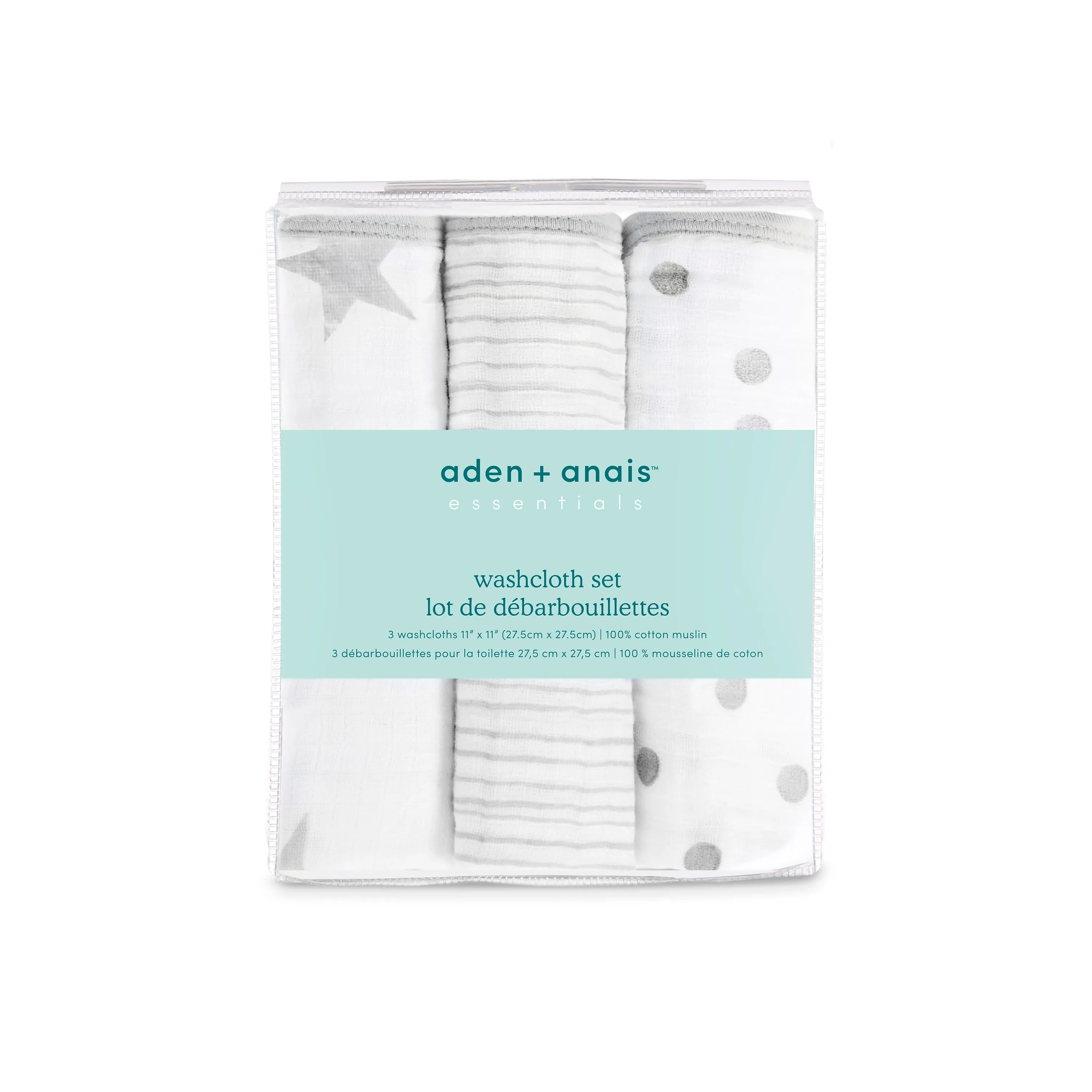 aden   anais Essential Cotton Muslin Washcloths 3 pack Dusty Gray Stars
