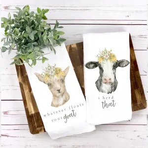Cotton Tea towel Set | cow and goat tea towels | funny spring tea towel set home decor