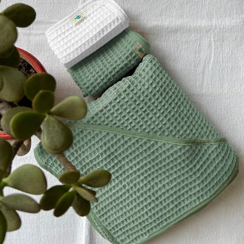 Sage Green Waffle Hooded Towel For Kids | Cotton | Set of 3