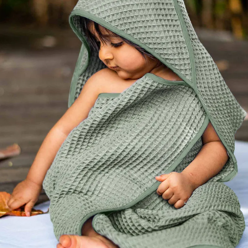 Sage Green Waffle Hooded Towel For Kids | Cotton | Set of 3