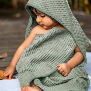 Sage Green Waffle Hooded Towel For Kids | Cotton | Set of 3