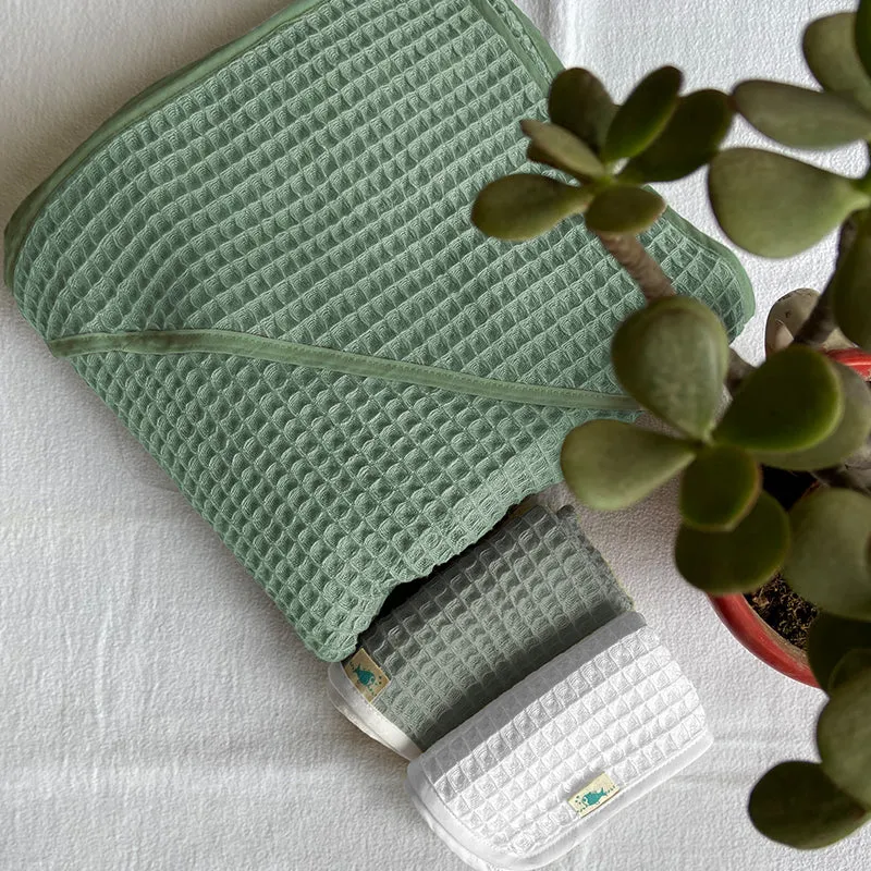 Sage Green Waffle Hooded Towel For Kids | Cotton | Set of 3