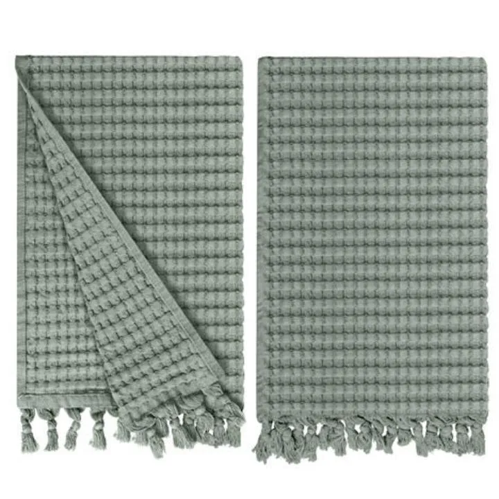 Sage Grey Tassel Hand Towel Set of 2, Modern Style