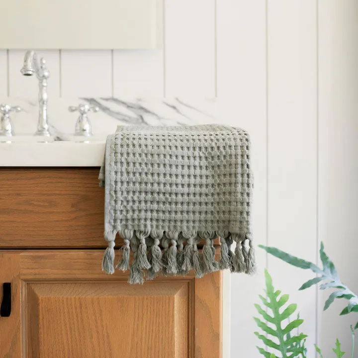 Sage Grey Tassel Hand Towel Set of 2, Modern Style
