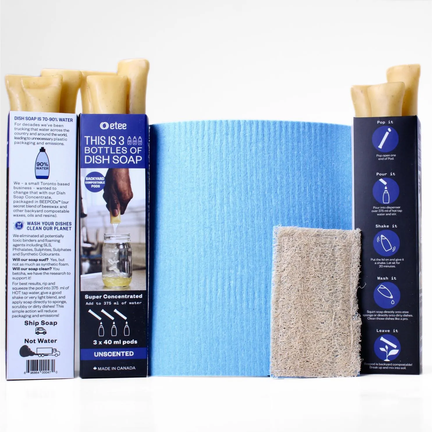 Unscented Liquid Dish Cleaning Essentials - Unscented Dish Soap, Cellulose Cloth & Loofie Scrubber