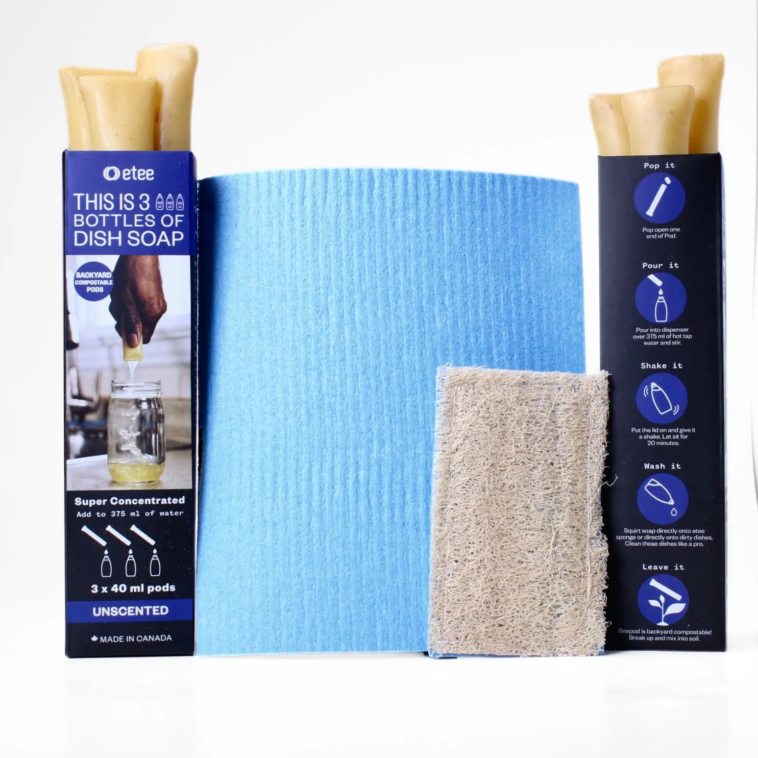 Unscented Liquid Dish Cleaning Essentials - Unscented Dish Soap, Cellulose Cloth & Loofie Scrubber