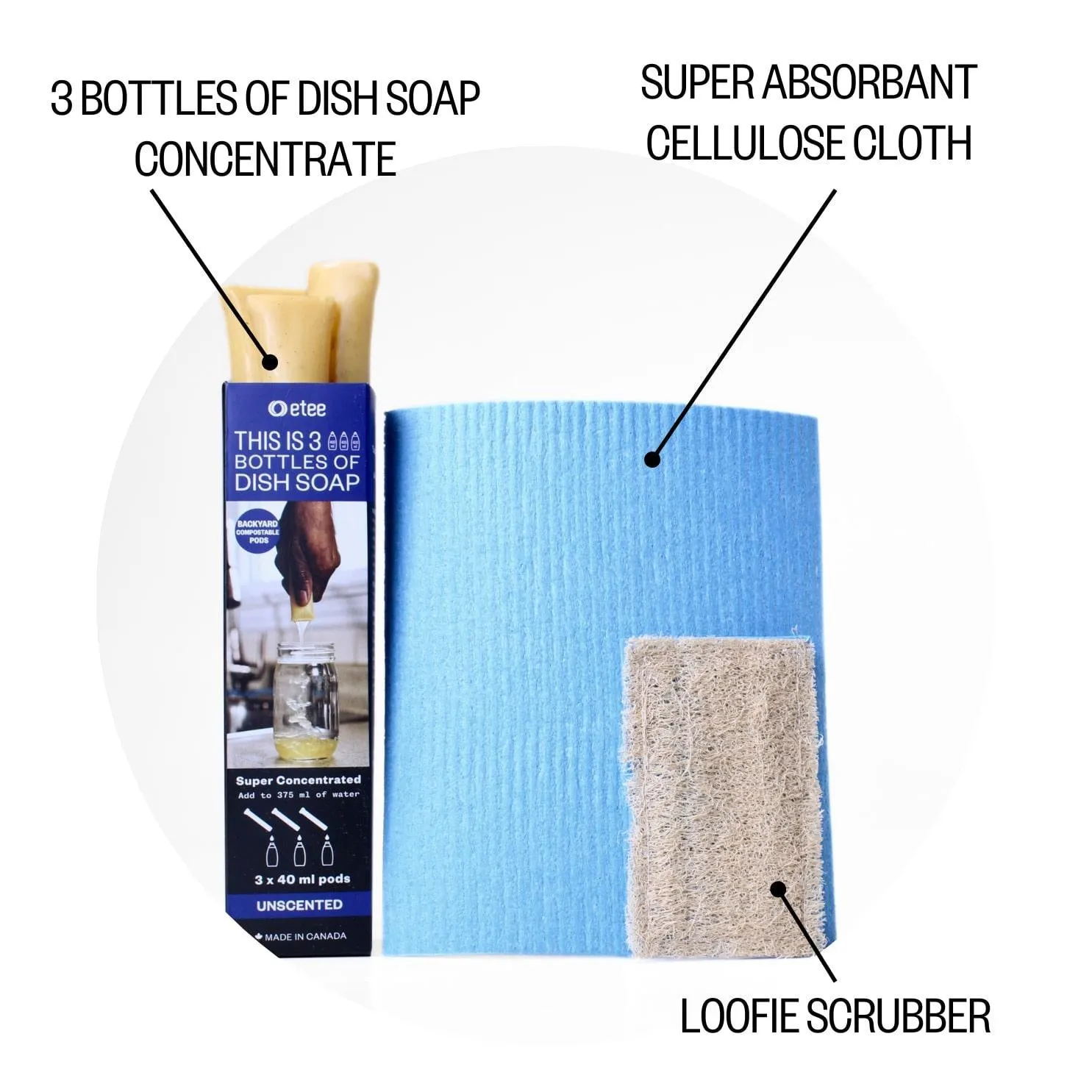 Unscented Liquid Dish Cleaning Essentials - Unscented Dish Soap, Cellulose Cloth & Loofie Scrubber